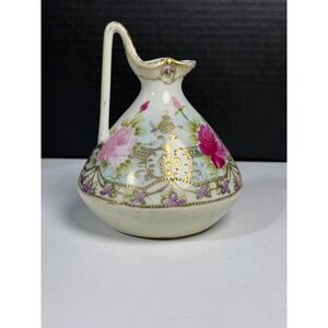 Vtg Nippon Japanese Pitcher Hand Painted Ewer Moriage 1880s Pink Rose Pattern